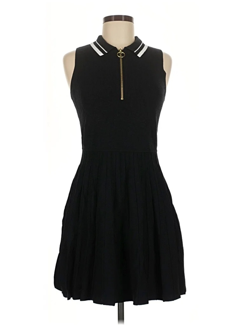 a new day Black Sleeveless Polo Dress with White Collar Stripes and Gold Zip